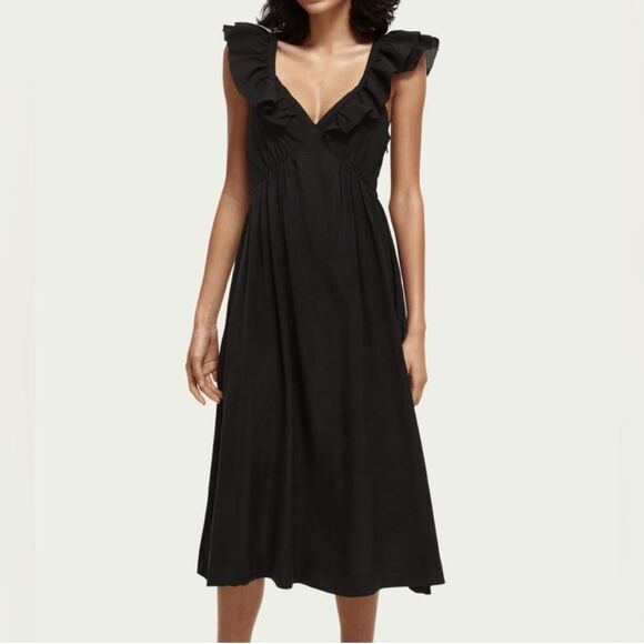 SCOTCH & SODA, Day To Night black v neck ruffle strap midi dress size medium - Picture 1 of 11